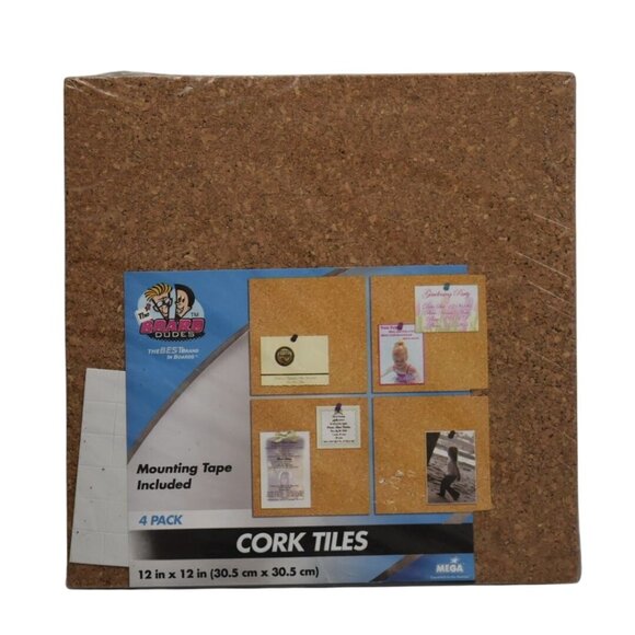 Board Dudes Cork Tiles 4 Pack 12"x12" With Mounting Tape - Picture 1 of 3